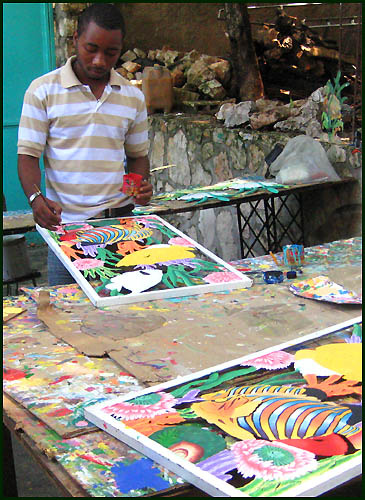 Haitian artist - Painting tropical metal art - Haitian steel drum art.. - www.tropicdecor.com